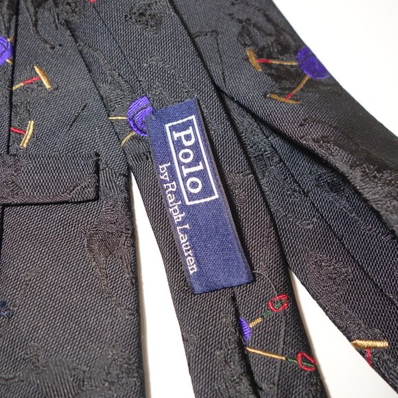 Vtg Ralph Lauren Embroidered Black On Black Equestrian Polo Player Tie Made Hand - Picture 6 of 11